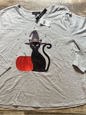 Project E Gray Long Sleeve Top with Black Witch Cat and Orange Pumpkin